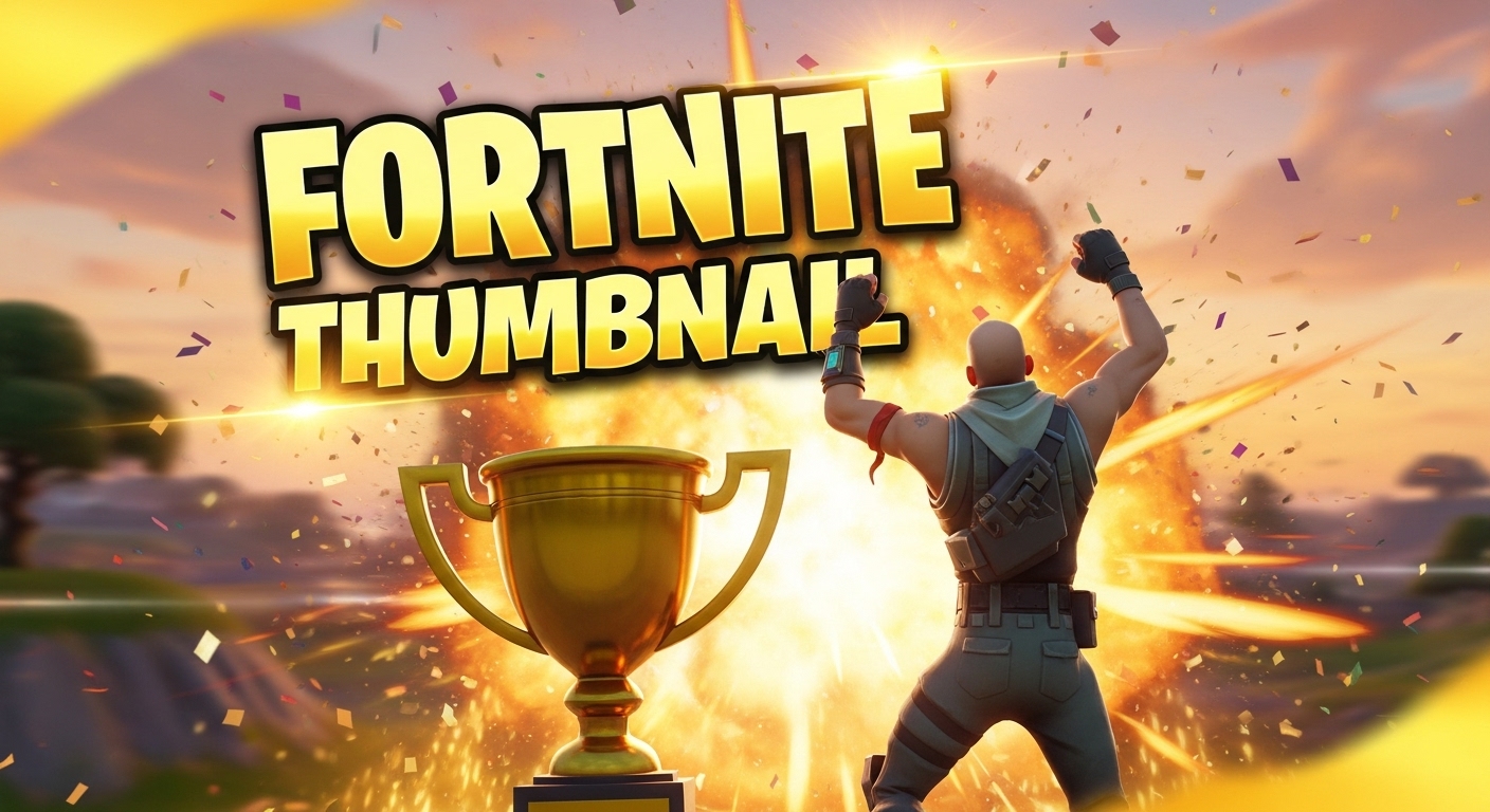 Victory Royale Fortnite thumbnail template with golden trophy and celebration scene