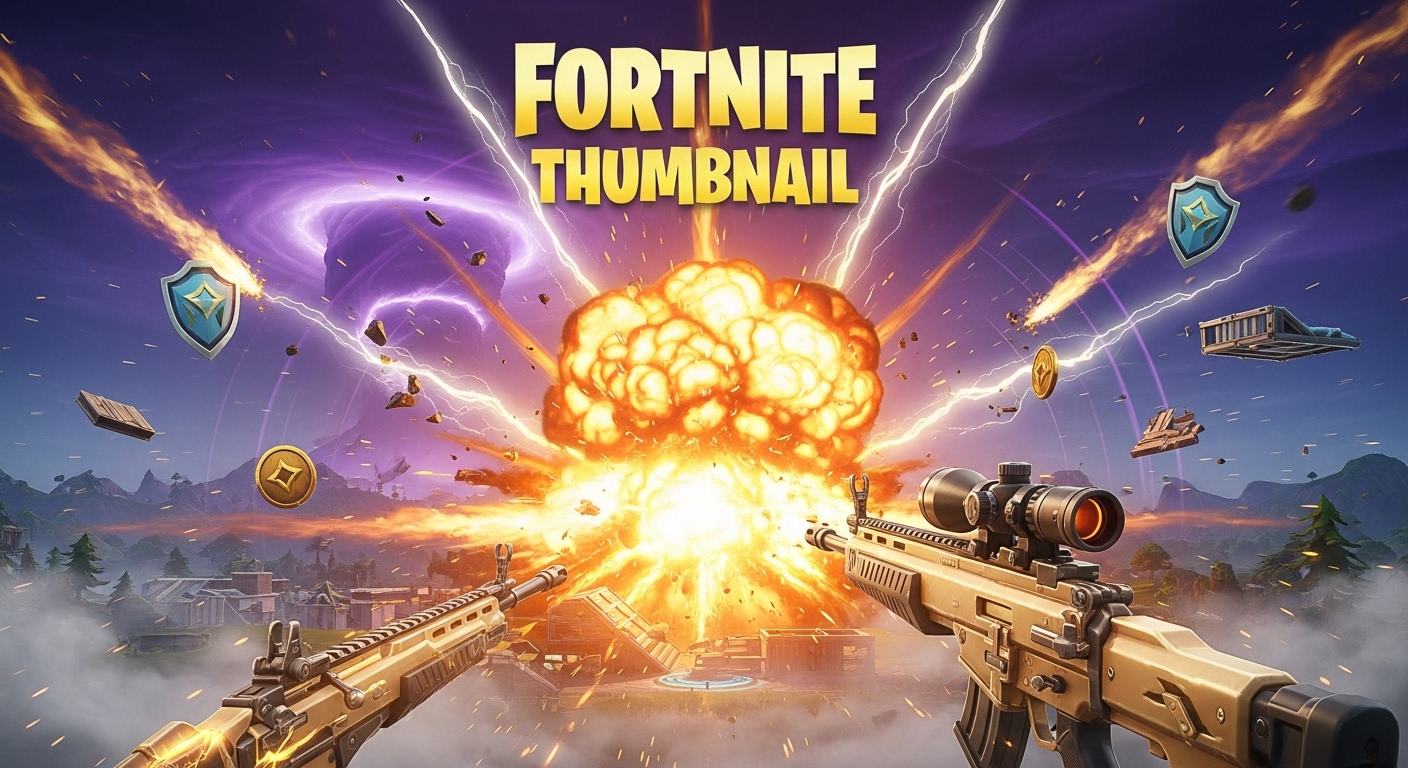 Explosive Action Fortnite thumbnail template with weapons and dramatic explosion effects