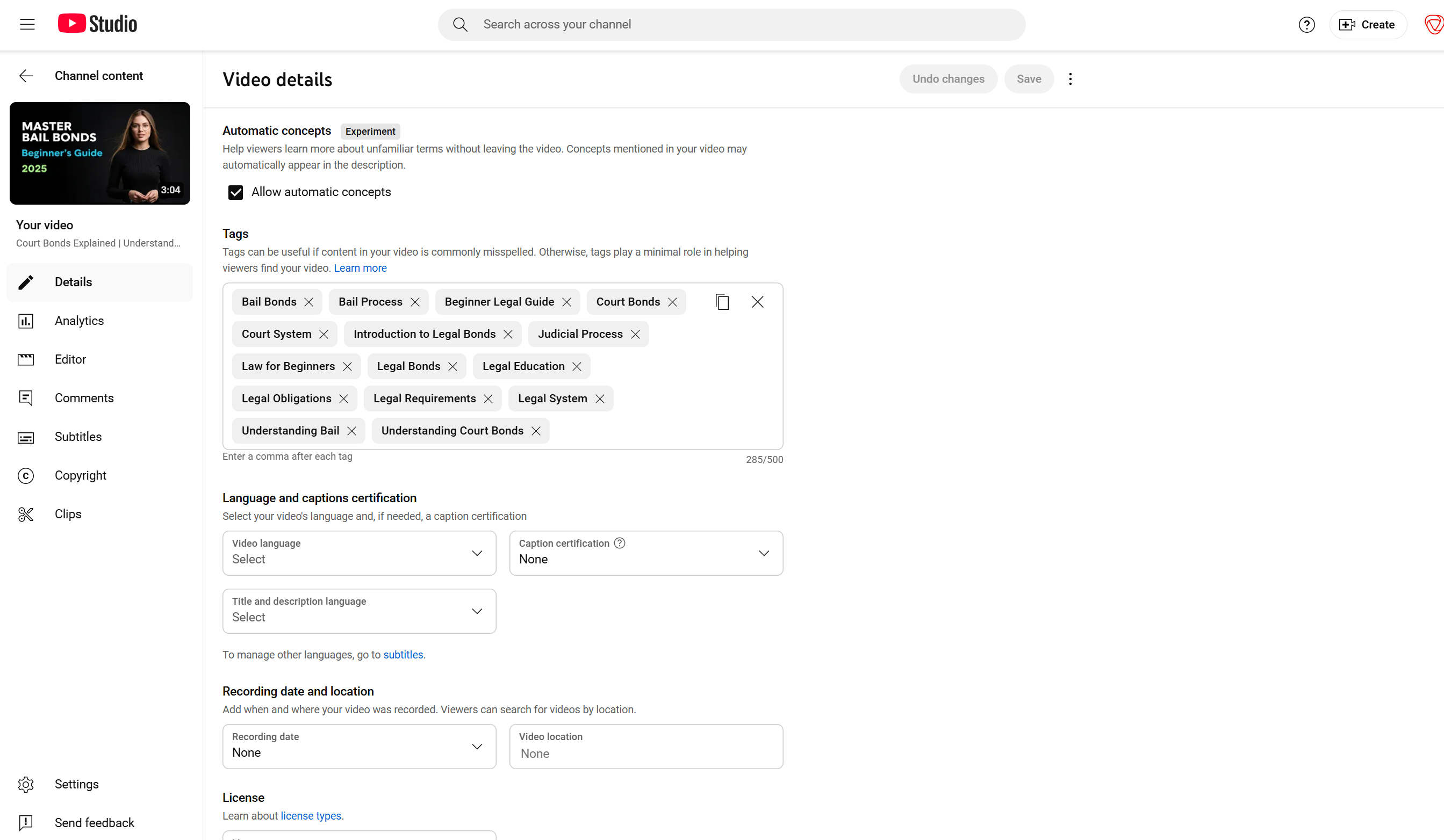 YouTube Studio Tags Interface - Video details page showing how to add tags for YouTube video optimization and ranking in YouTube Creator Studio