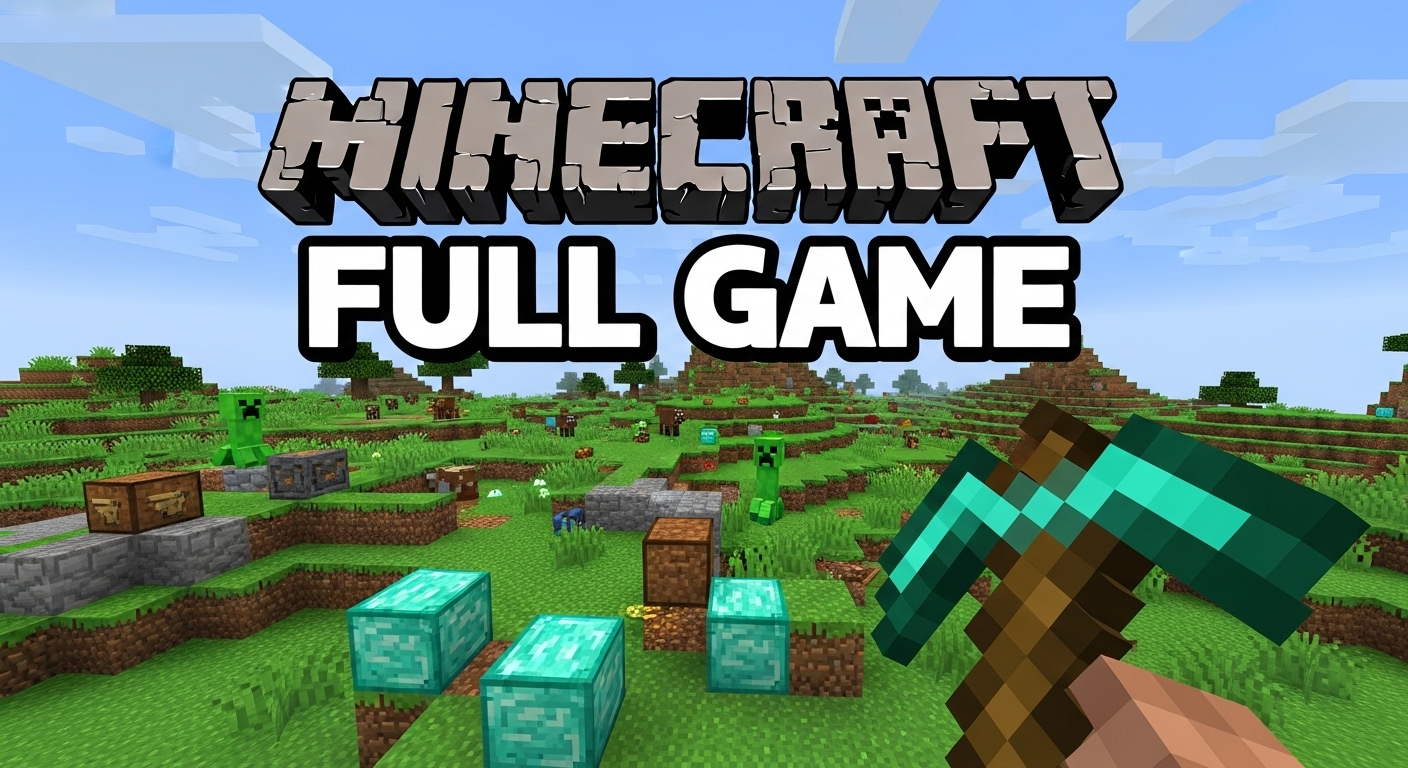 Free Minecraft thumbnail template - Full game walkthrough with character holding diamond pickaxe in overworld landscape with bold text overlay