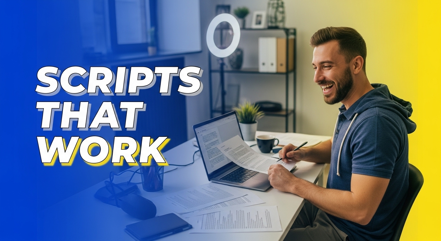 Scripts That Work - Professional content creator working on video scripts with laptop and notes, demonstrating effective script writing techniques for YouTube success and viewer engagement