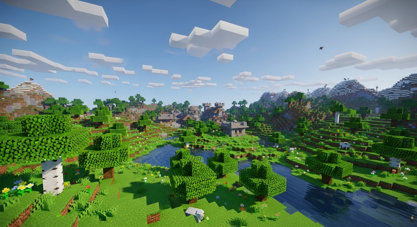 Minecraft blurred environment background download - Blurred Minecraft overworld landscape background perfect for thumbnail overlays and text placement